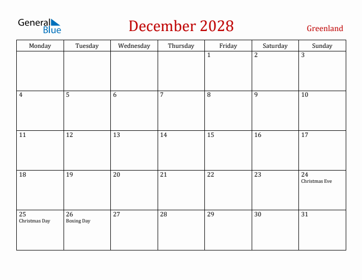 Greenland December 2028 Calendar - Monday Start