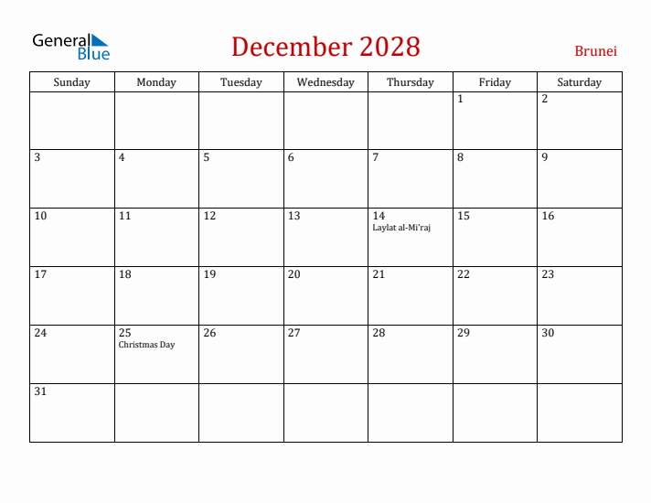 Brunei December 2028 Calendar - Sunday Start