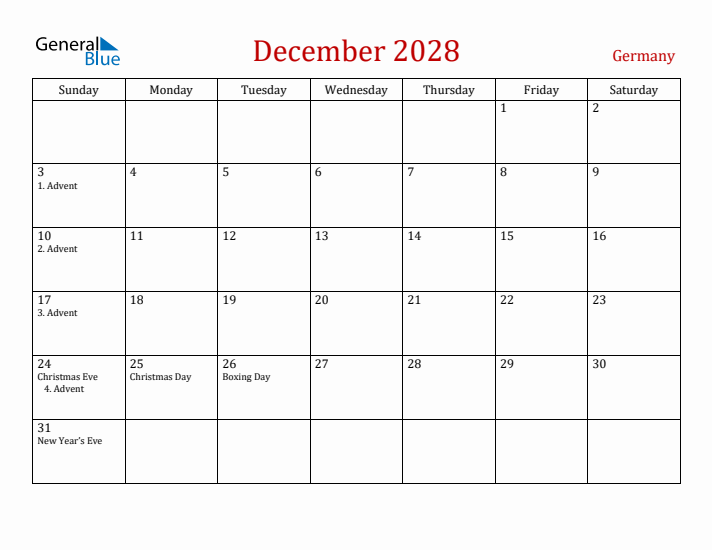 Germany December 2028 Calendar - Sunday Start