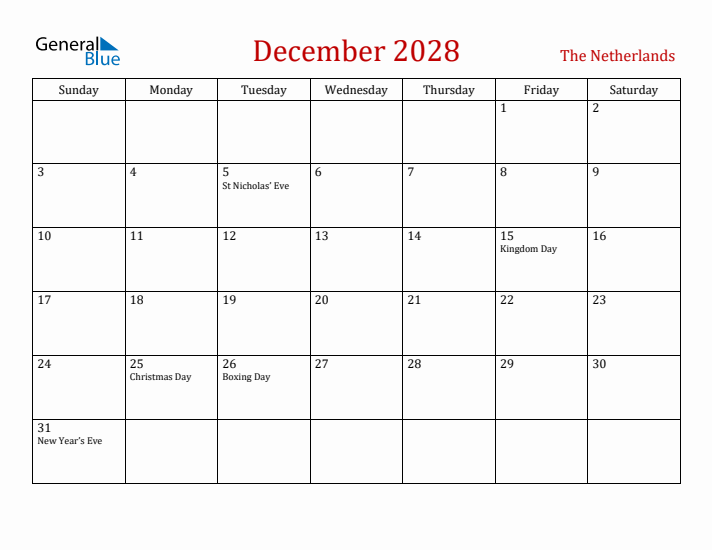 The Netherlands December 2028 Calendar - Sunday Start