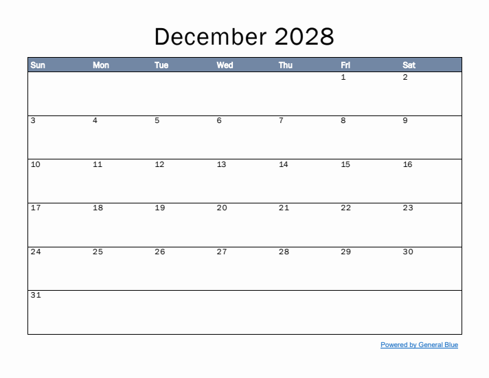 December 2028 Simple Month Calendar Template