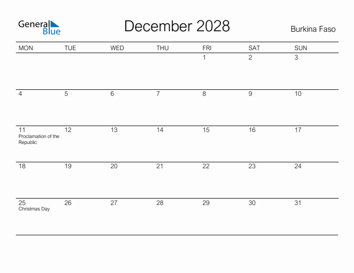 Printable December 2028 Calendar for Burkina Faso