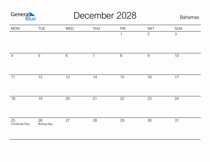 Printable December 2028 Calendar for Bahamas