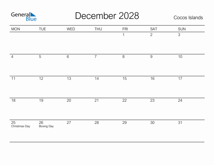 Printable December 2028 Calendar for Cocos Islands