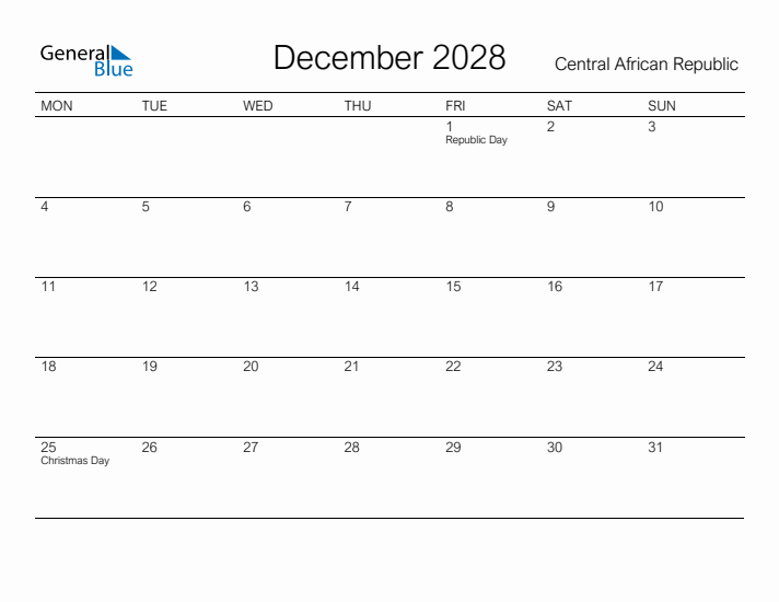 Printable December 2028 Calendar for Central African Republic