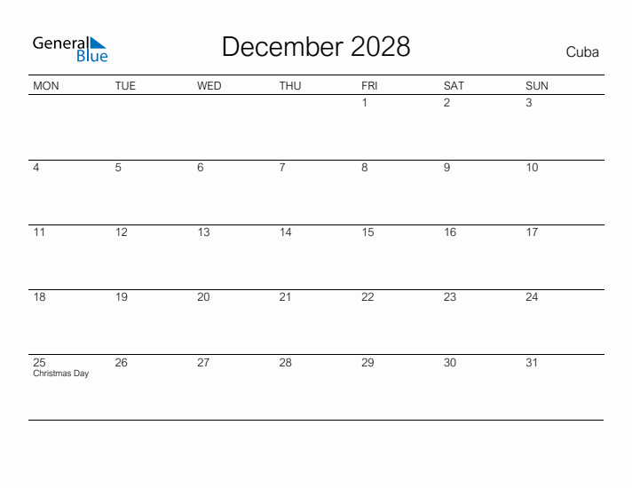 Printable December 2028 Calendar for Cuba