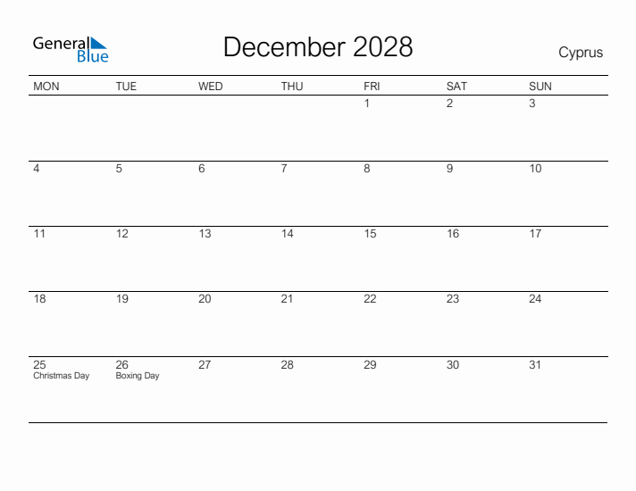 Printable December 2028 Calendar for Cyprus