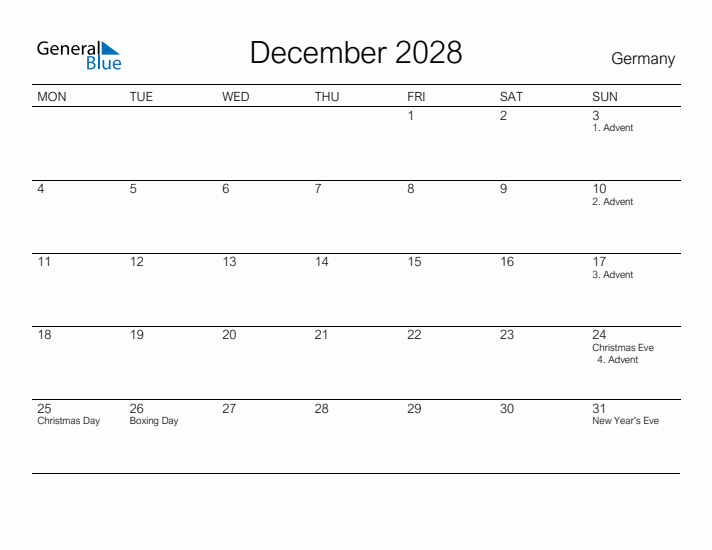 Printable December 2028 Calendar for Germany