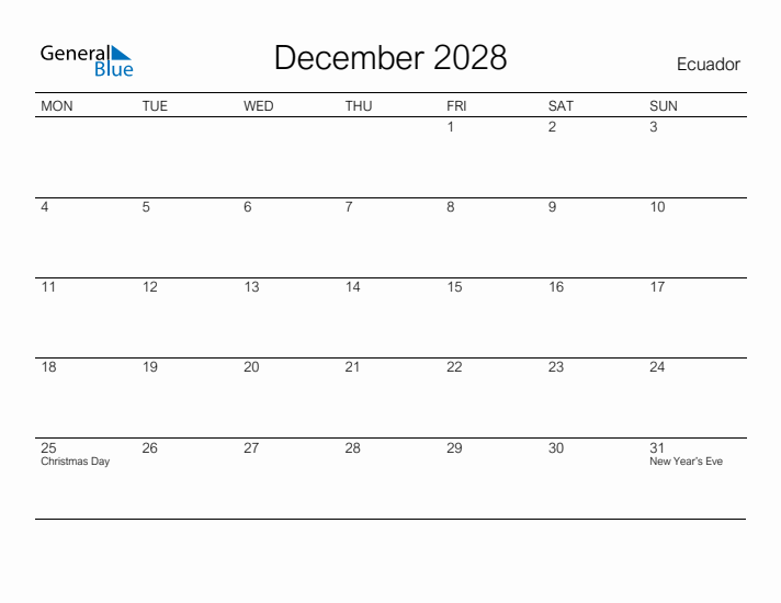 Printable December 2028 Calendar for Ecuador