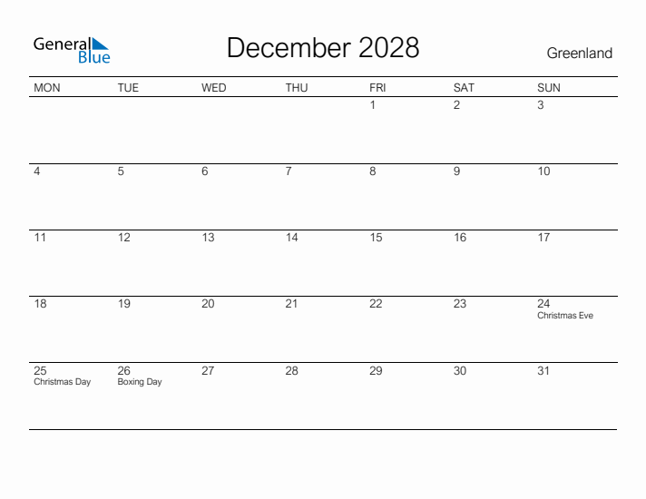 Printable December 2028 Calendar for Greenland