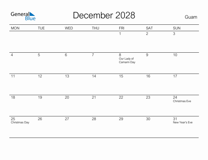 Printable December 2028 Calendar for Guam