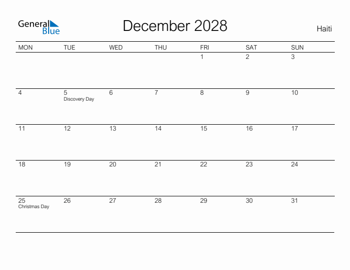 Printable December 2028 Calendar for Haiti