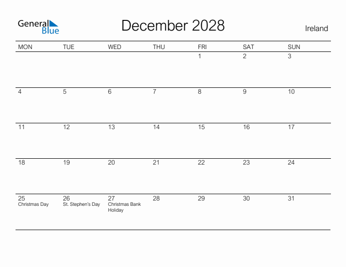 Printable December 2028 Calendar for Ireland