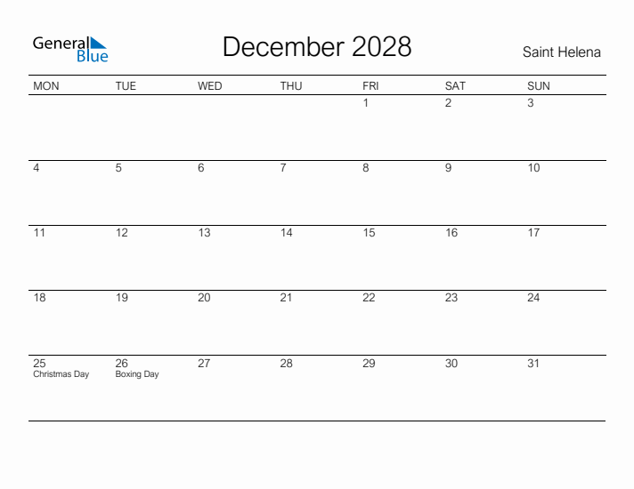 Printable December 2028 Calendar for Saint Helena