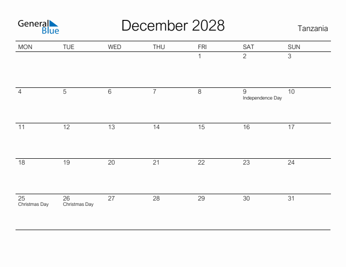 Printable December 2028 Calendar for Tanzania