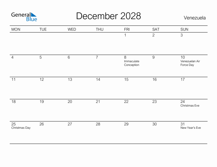 Printable December 2028 Calendar for Venezuela