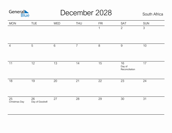 Printable December 2028 Calendar for South Africa