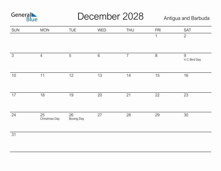 Printable December 2028 Calendar for Antigua and Barbuda