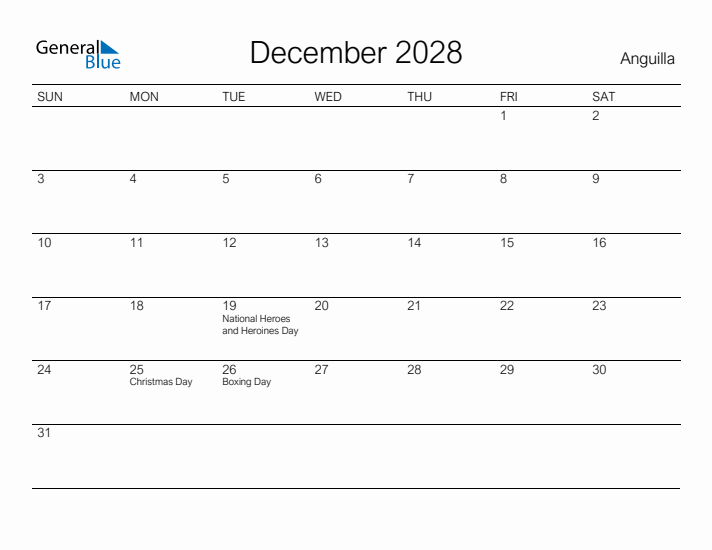 Printable December 2028 Calendar for Anguilla