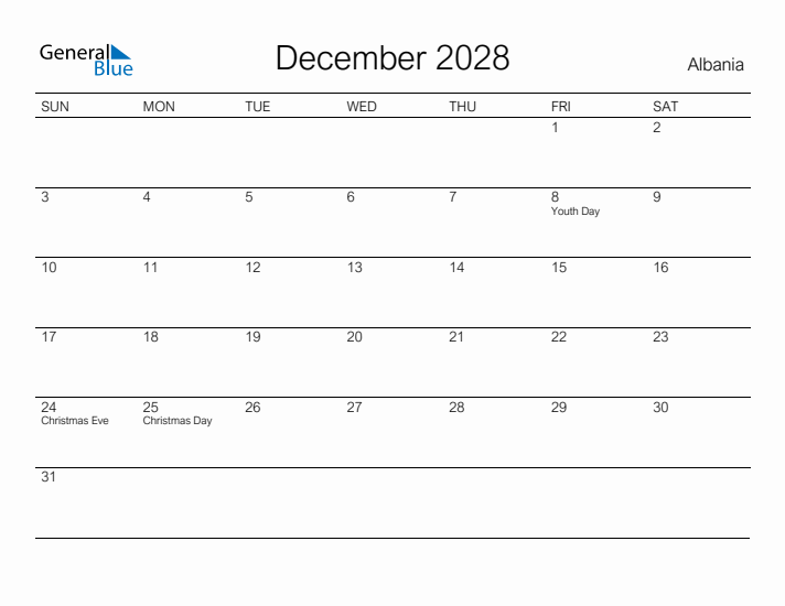 Printable December 2028 Calendar for Albania