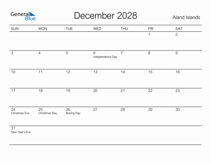 Printable December 2028 Calendar for Aland Islands