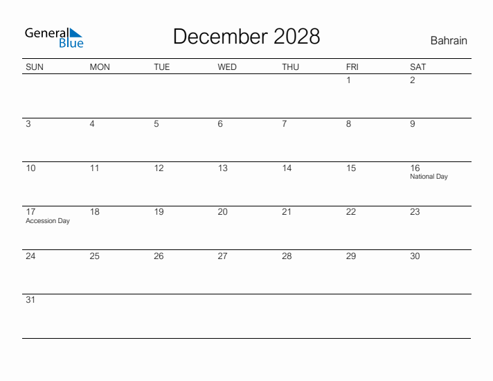 Printable December 2028 Calendar for Bahrain