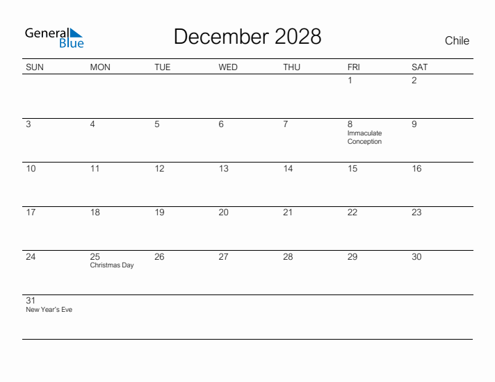 Printable December 2028 Calendar for Chile