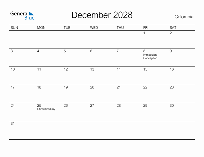 Printable December 2028 Calendar for Colombia