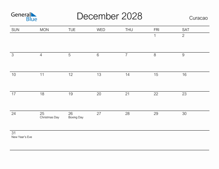 Printable December 2028 Calendar for Curacao