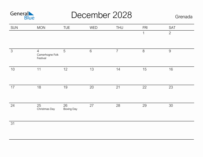 Printable December 2028 Calendar for Grenada