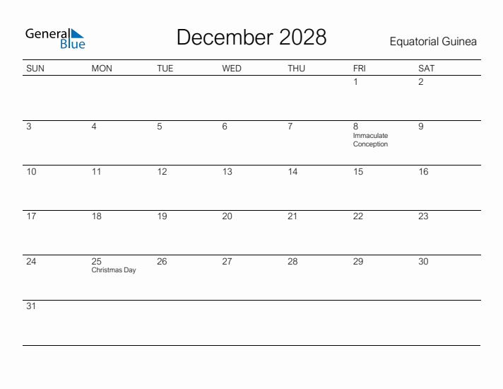 Printable December 2028 Calendar for Equatorial Guinea