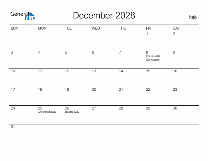 Printable December 2028 Calendar for Italy