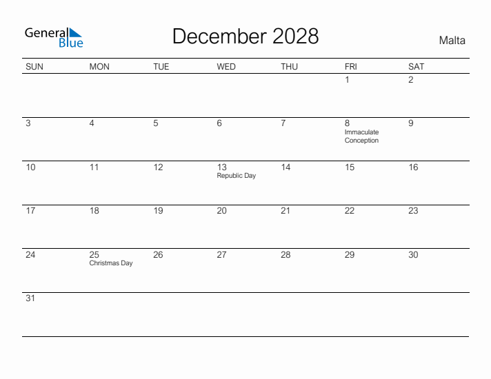 Printable December 2028 Calendar for Malta