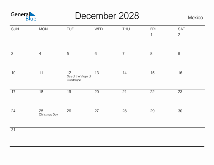 Printable December 2028 Calendar for Mexico