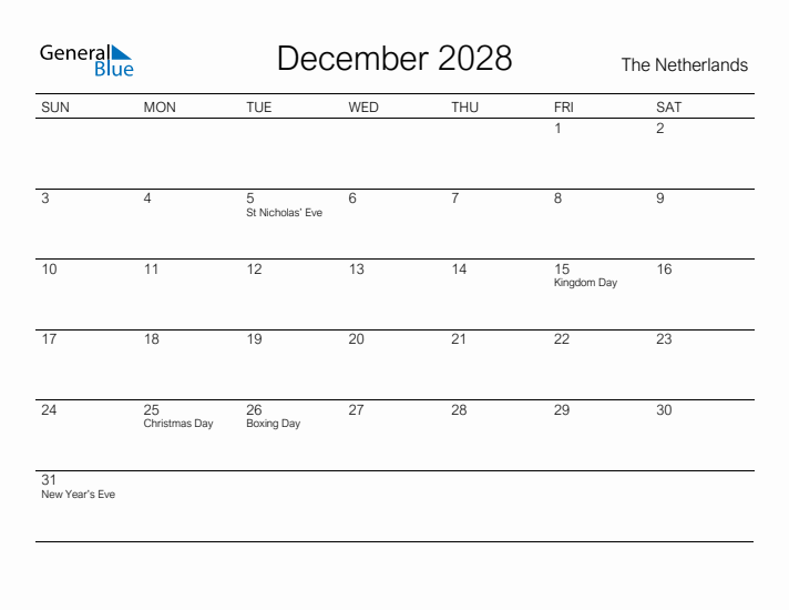 Printable December 2028 Calendar for The Netherlands