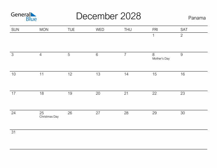 Printable December 2028 Calendar for Panama