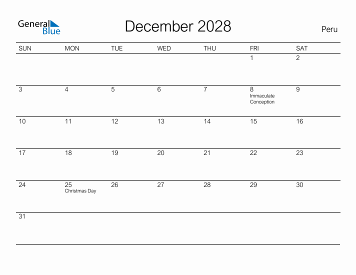 Printable December 2028 Calendar for Peru