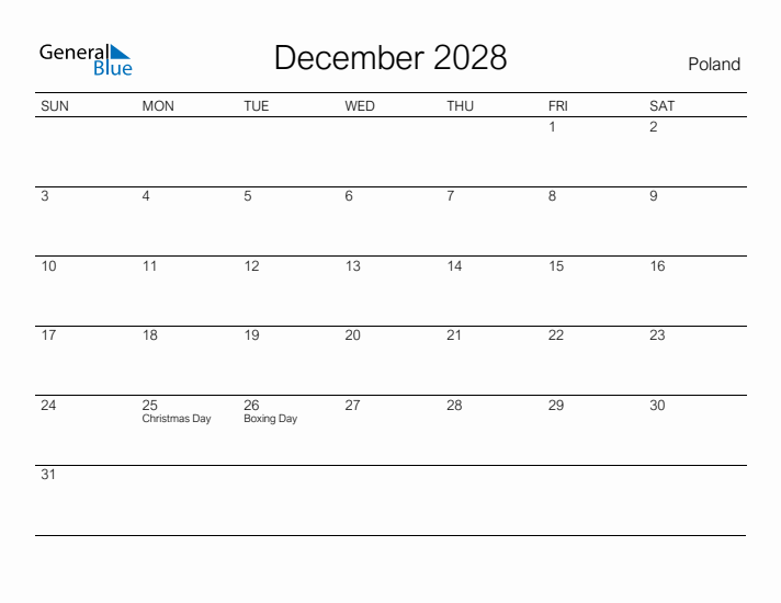 Printable December 2028 Calendar for Poland