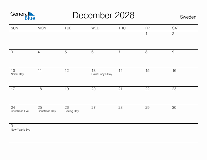 Printable December 2028 Calendar for Sweden