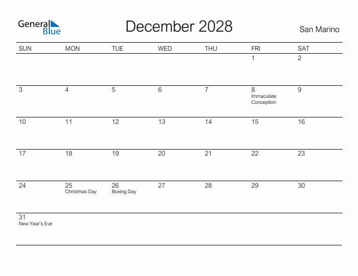 Printable December 2028 Calendar for San Marino