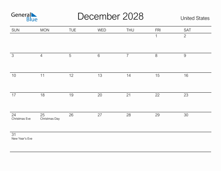 Printable December 2028 Calendar for United States