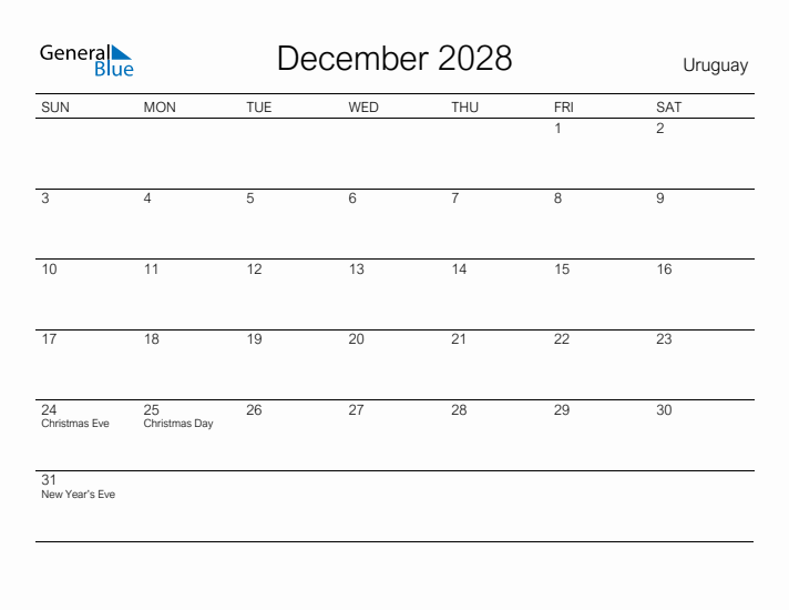 Printable December 2028 Calendar for Uruguay