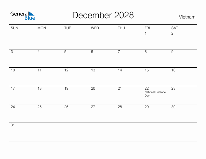 Printable December 2028 Calendar for Vietnam