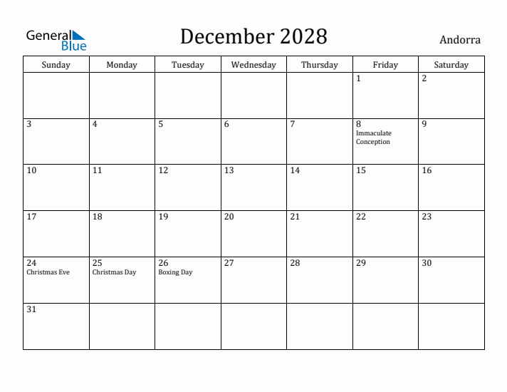 December 2028 Calendar Andorra