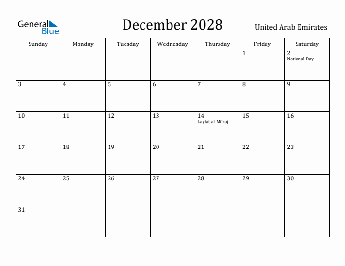 December 2028 Calendar United Arab Emirates