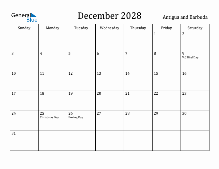 December 2028 Calendar Antigua and Barbuda