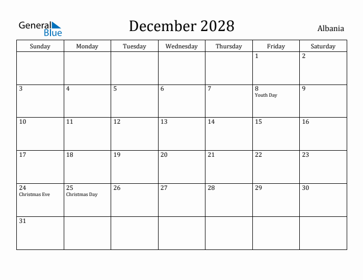 December 2028 Calendar Albania