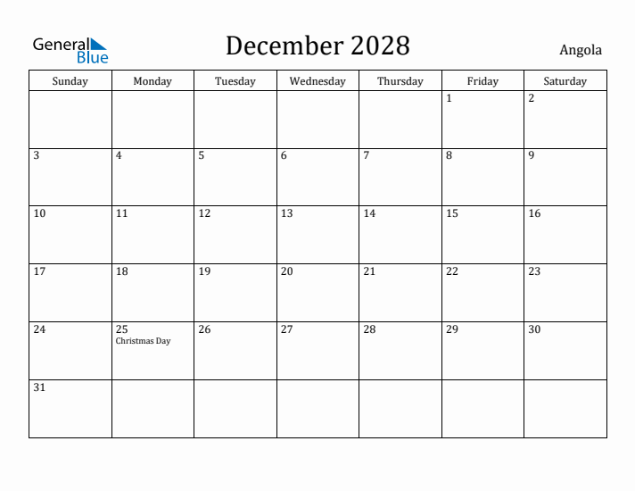 December 2028 Calendar Angola