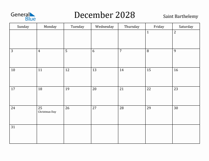 December 2028 Calendar Saint Barthelemy