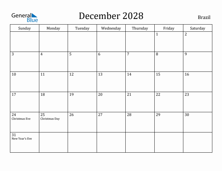 December 2028 Calendar Brazil